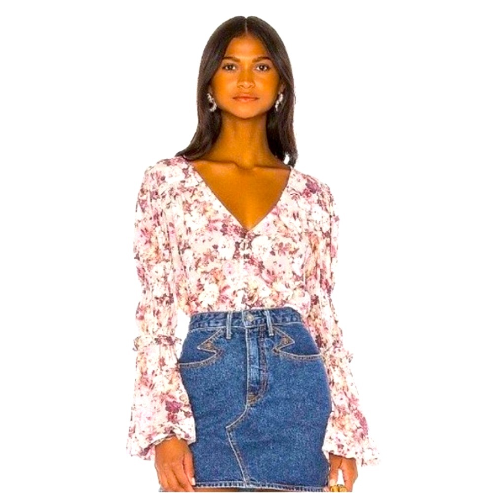 For Love & Lemons Eclipse Blouse Pink Floral Long Sleeve Cottagecore Size Large